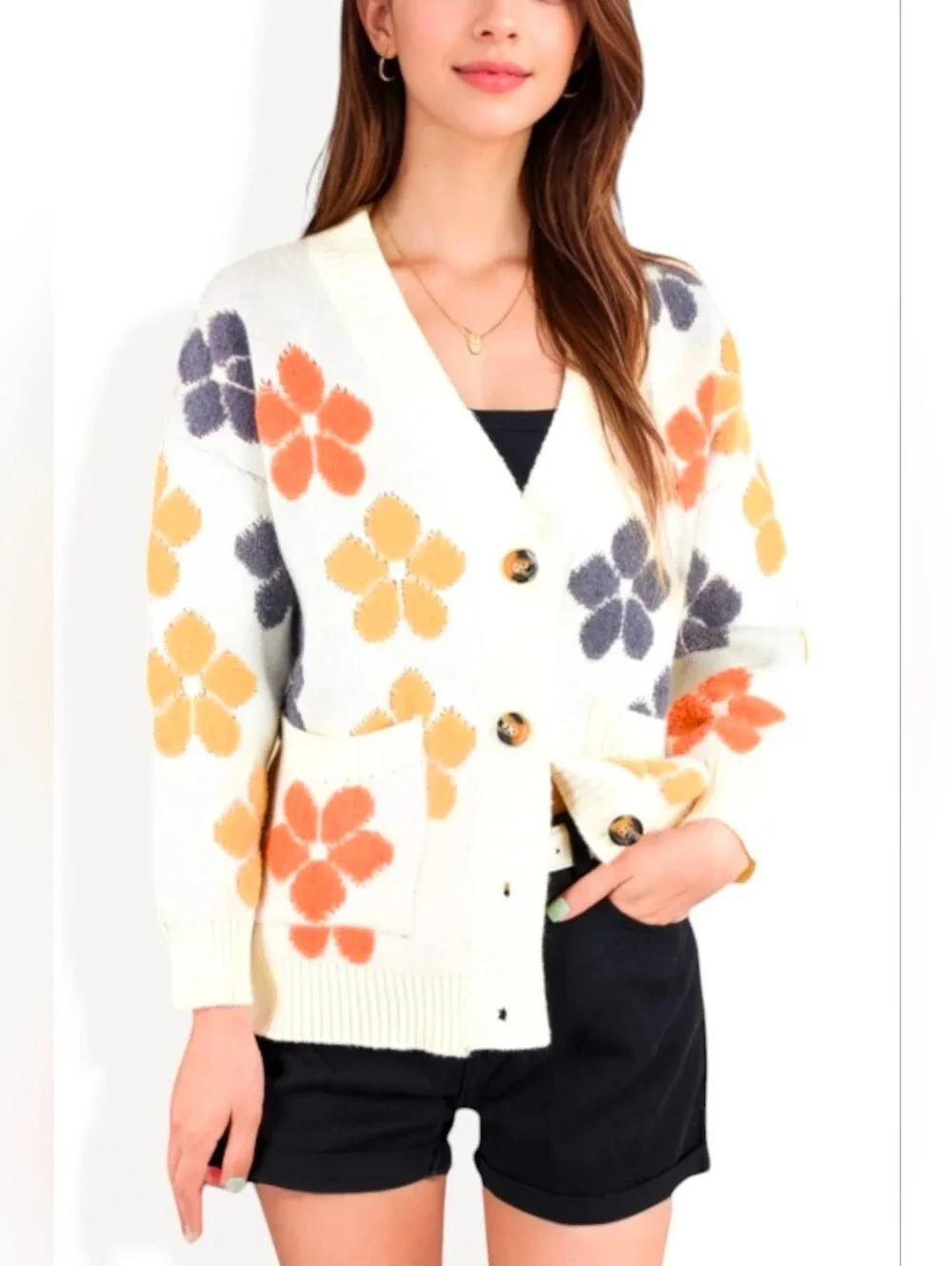 Anna-Kaci Women's Button-Up Knit Cardigan with Floral Print and Front Pockets - Picture 1 of 7